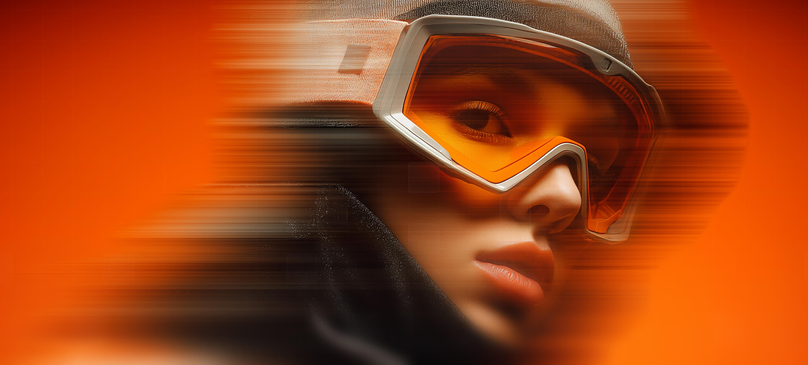 Close-up of a person wearing orange-tinted goggles and a dark head covering with motion blur effect on an orange background.